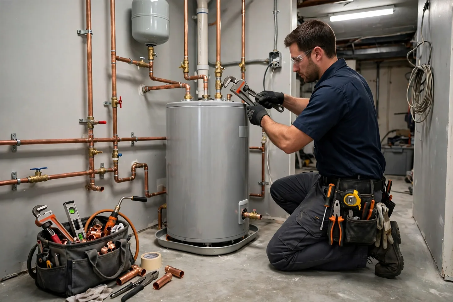 Trade illustration: Water heater work